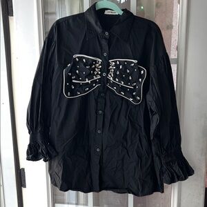 Black Button-Up Shirt with Huge Embellished Bow 💎🎀
